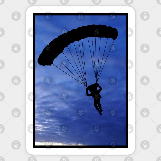 Parachuter Silhouette in Beautiful Blue Sky with a Black Border Sticker by Blue Butterfly Designs 